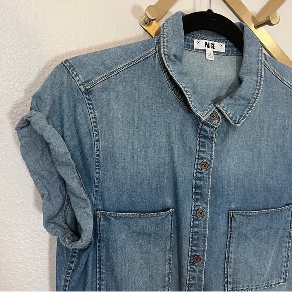 PAIGE Denim Mila Drop-Waist Denim Shirt Dress - Size Small - Picture 4 of 10